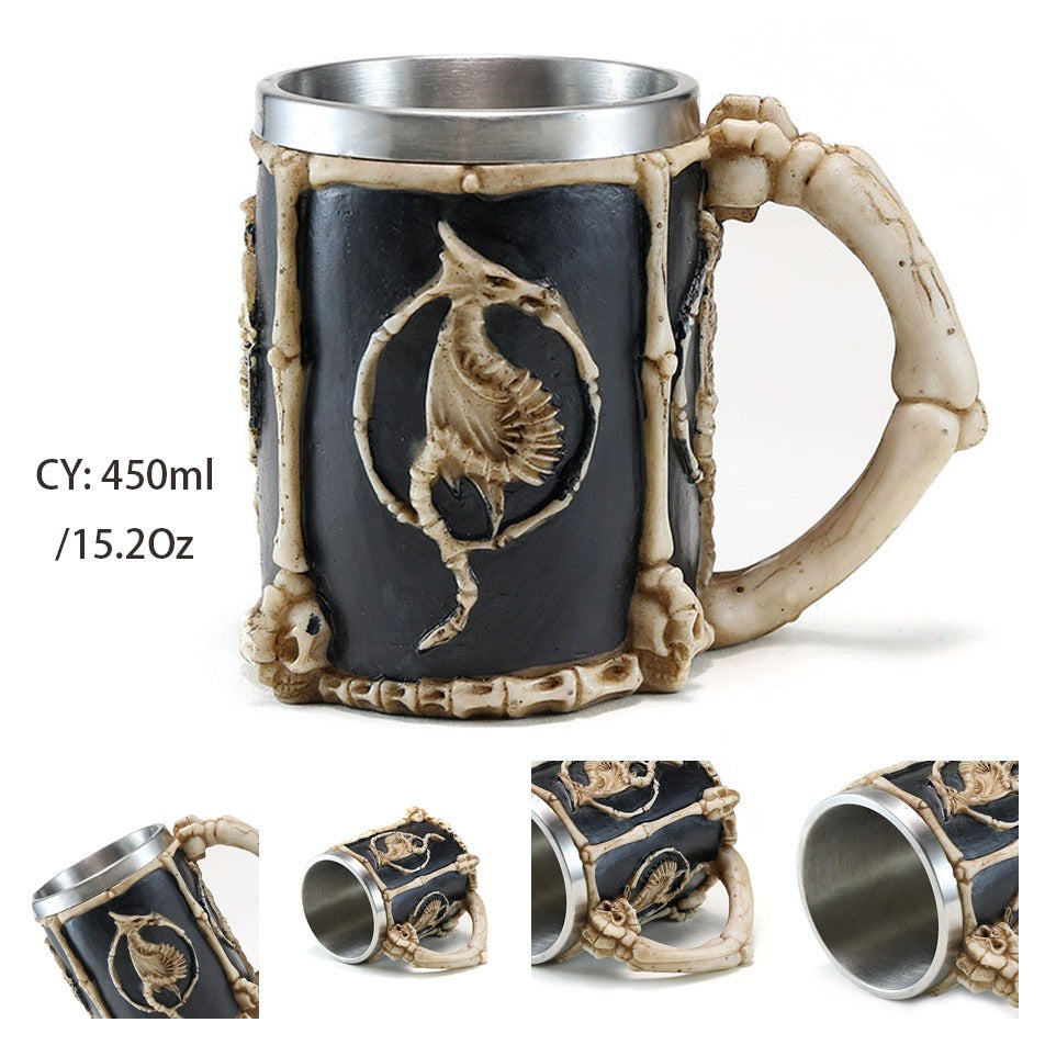 Vintage resin and stainless steel beer mug with dragon bone design, ideal for bar or gift.