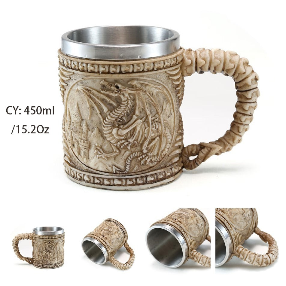Resin and Stainless Steel Beer 450ml Mug / Retro Viking Pub Bar Mug with Dragon - HARD'N'HEAVY