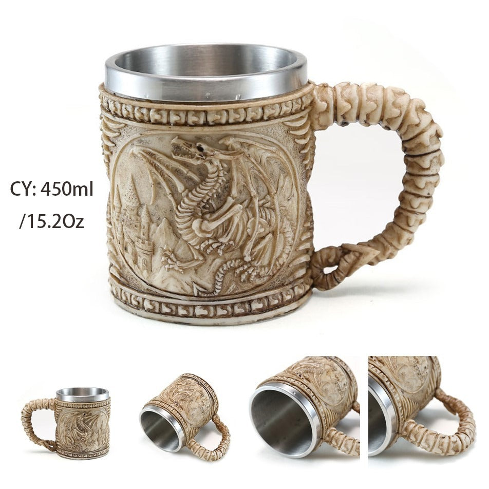 Vintage dragon skeleton beer mug made of resin and stainless steel, 450ml capacity, perfect for collectors or gifts.