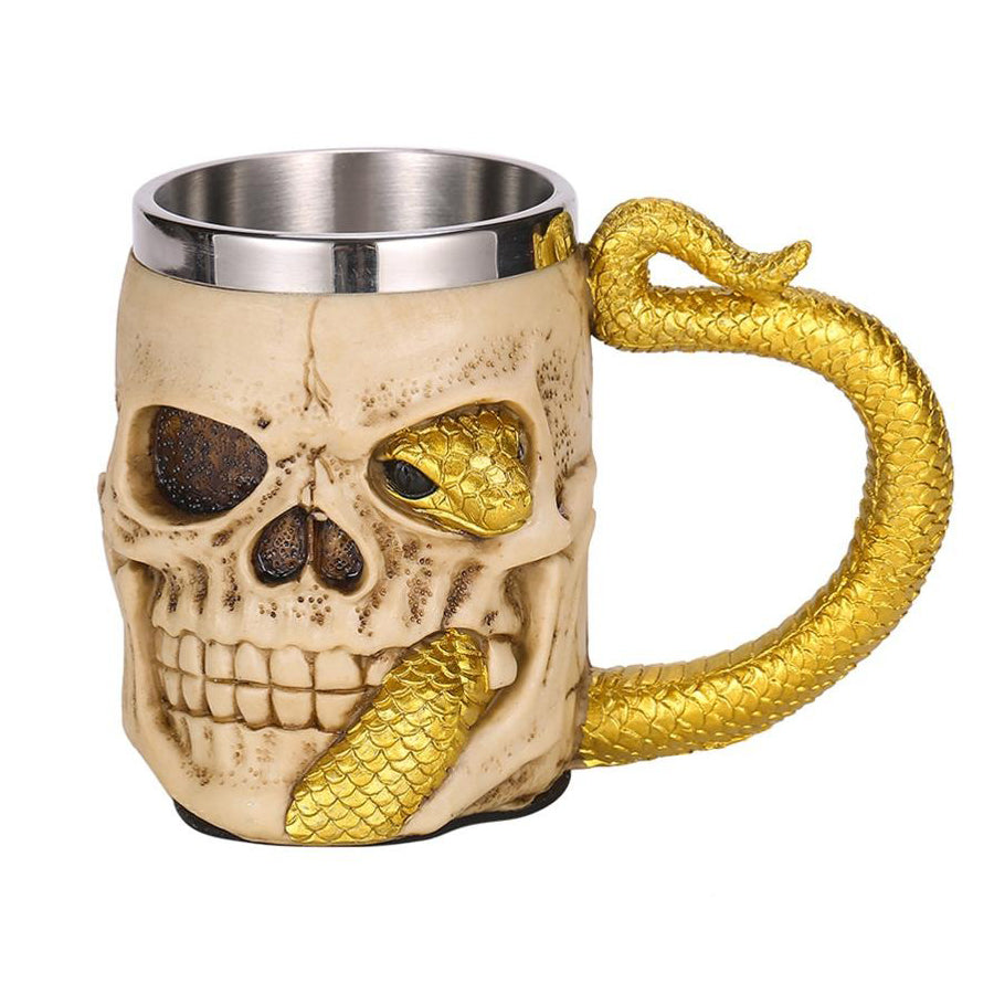 Gothic skull mug with golden snake detail, made of resin and stainless steel, perfect for retro Viking pub style.