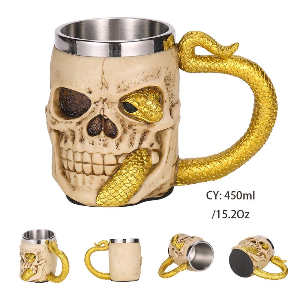 Resin and stainless steel 450ml beer mug, skull design with golden snake detail, perfect for gothic and punk style.