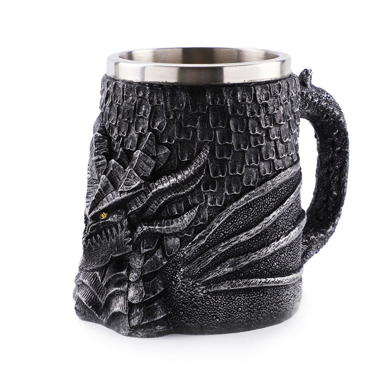 Retro Viking beer mug with dragon design, crafted of resin and stainless steel, perfect for medieval-themed parties.