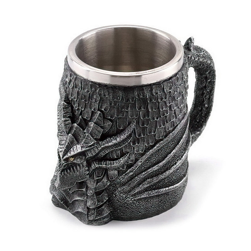 Resin and stainless steel beer mug with detailed dragon design, perfect for Viking-themed parties.