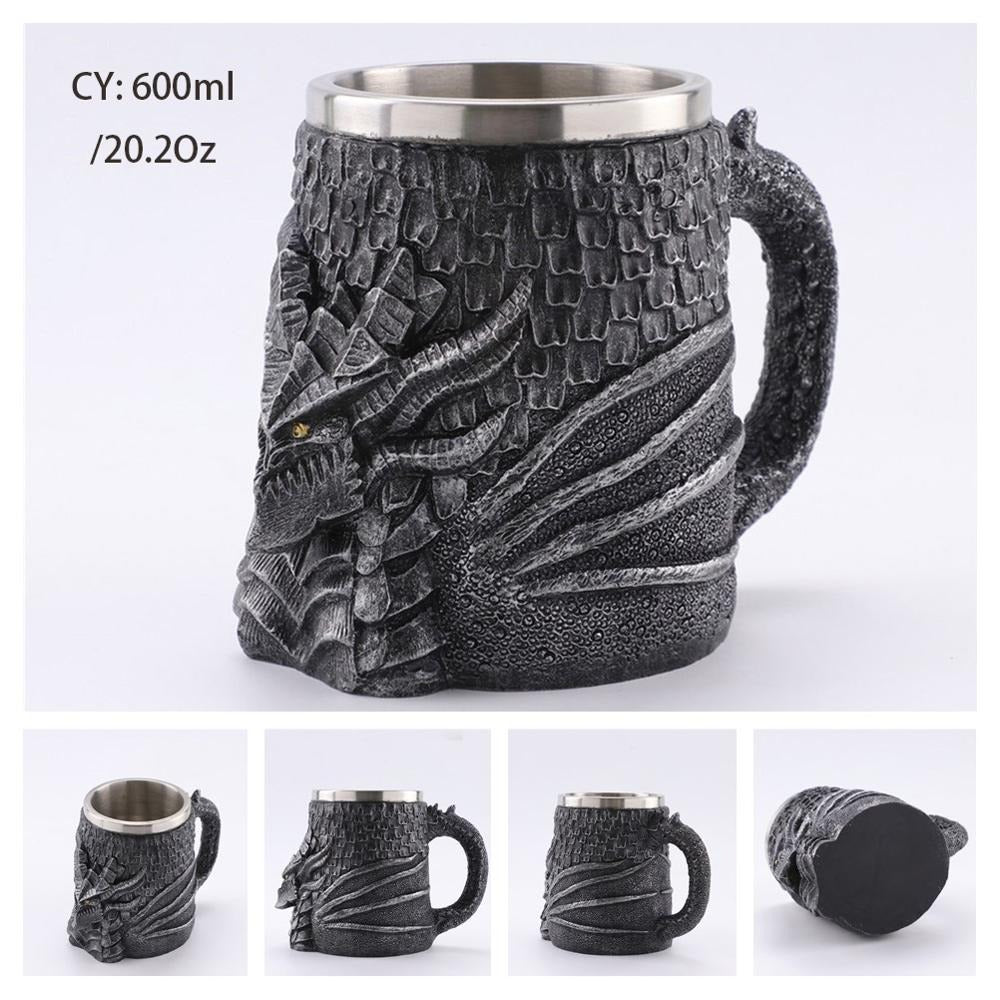 Resin and Stainless Steel Beer 450ml Mug / Retro Viking Pub Bar Mug with Medieval Dragon - HARD'N'HEAVY