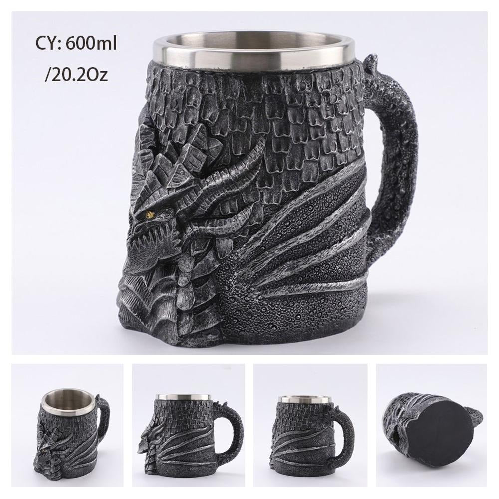 Resin and stainless steel 600ml Viking beer mug featuring a detailed dragon design, perfect for retro pub lovers.
