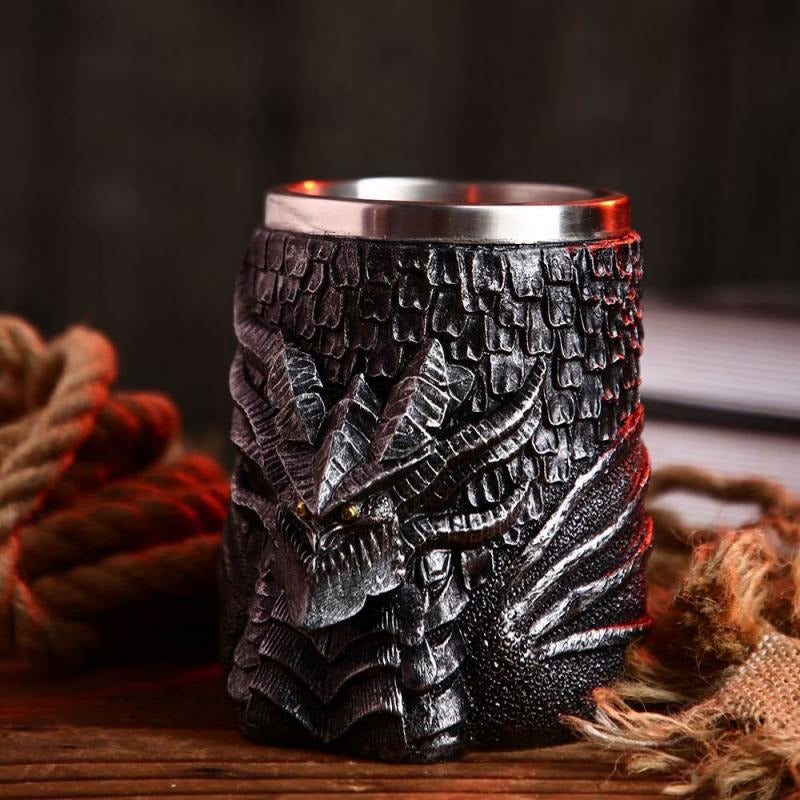 Resin and stainless steel beer mug featuring intricate dragon design, perfect for retro Viking pub style.