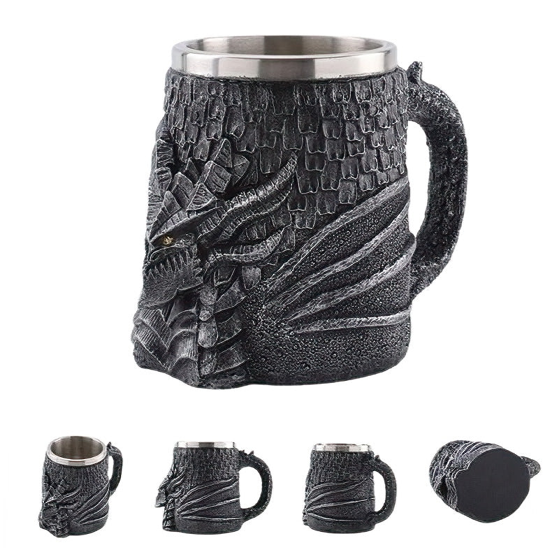 Vintage retro Viking beer mug featuring a detailed dark dragon design in resin and stainless steel.