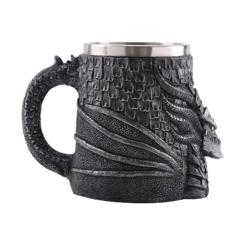 Resin and stainless steel beer mug featuring a detailed dragon design, perfect for retro Viking pub themes.