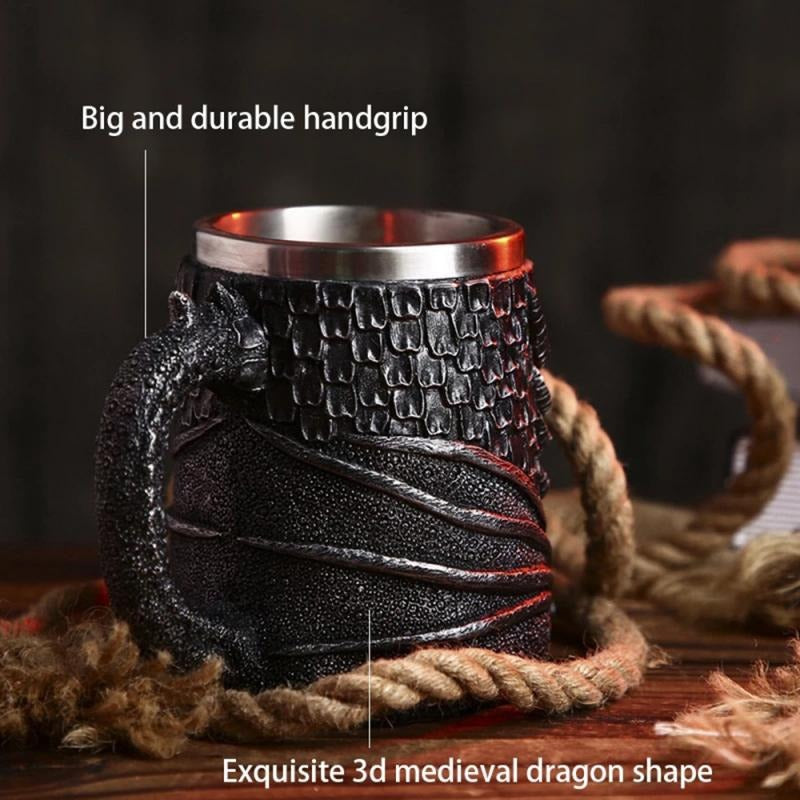 Vintage dragon beer mug with durable handgrip and stainless steel interior. Perfect for medieval-themed parties!