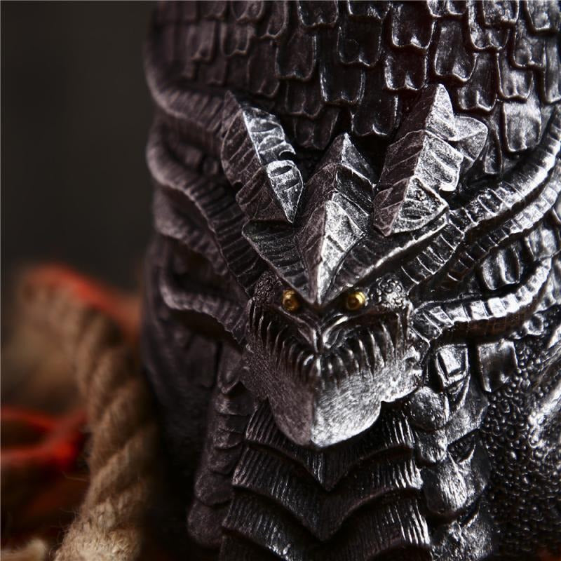 Intricate dragon design on a vintage-style resin and stainless steel beer mug for a medieval Viking pub atmosphere.