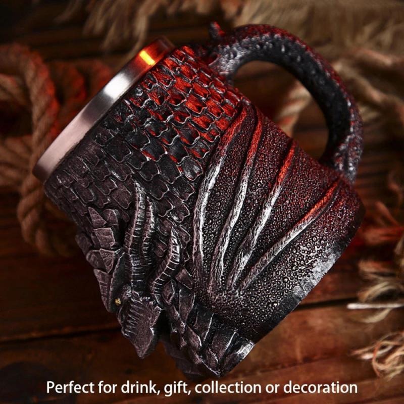 Resin and stainless steel beer mug with dragon design, perfect for drinks, gifts, or decorative collection.