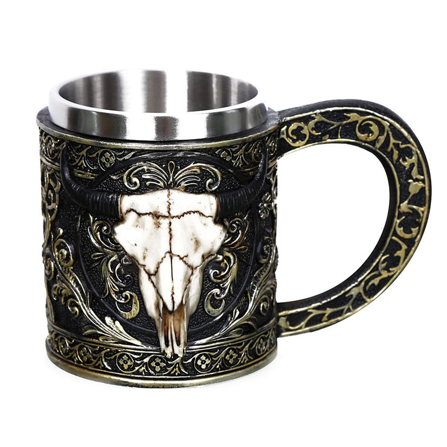 Vintage resin and stainless steel beer mug with ox head design and intricate black and gold patterns, 450ml capacity.