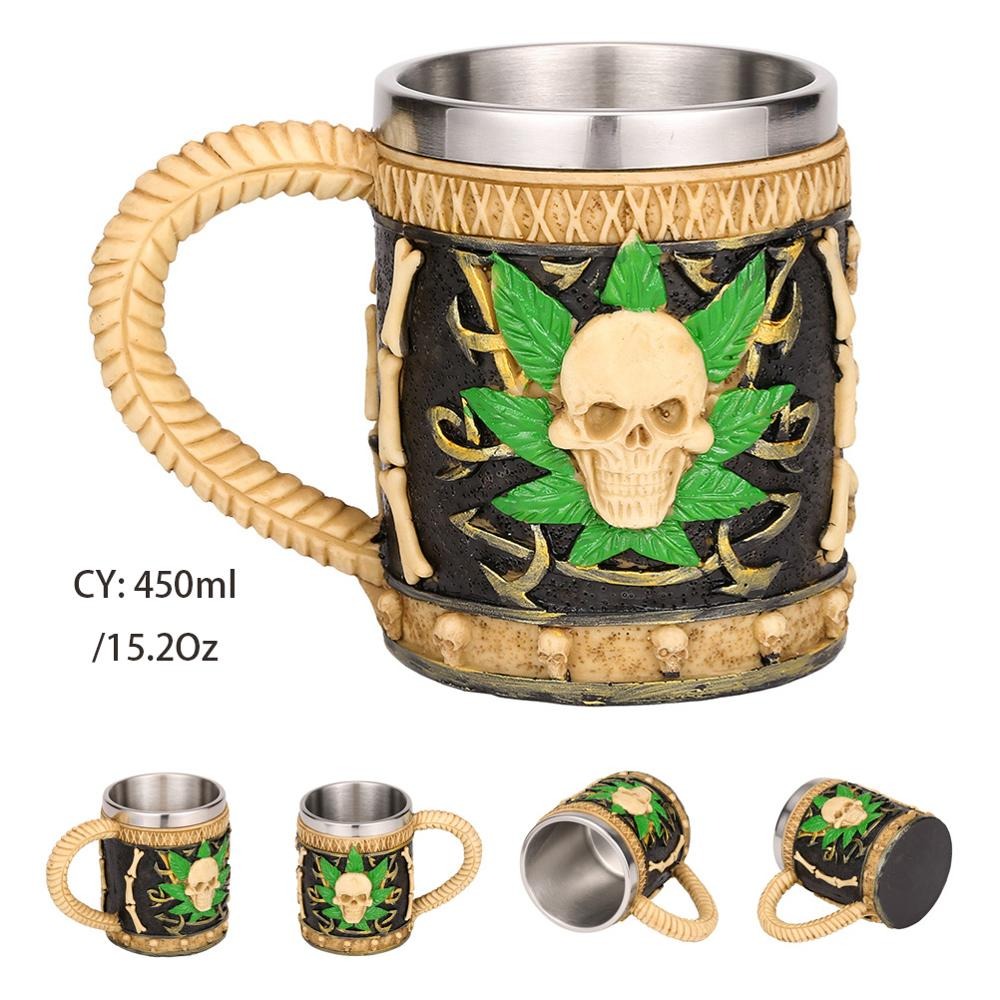 Vintage 450ml resin and stainless steel beer mug with zombie skull and plant design for bar decor.