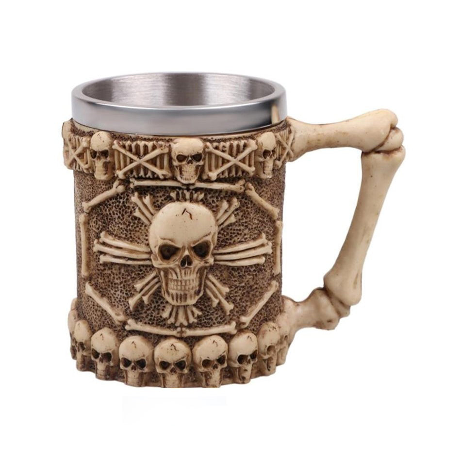 Vintage resin and stainless steel beer mug featuring skull and bones, perfect for enthusiasts and collectors.
