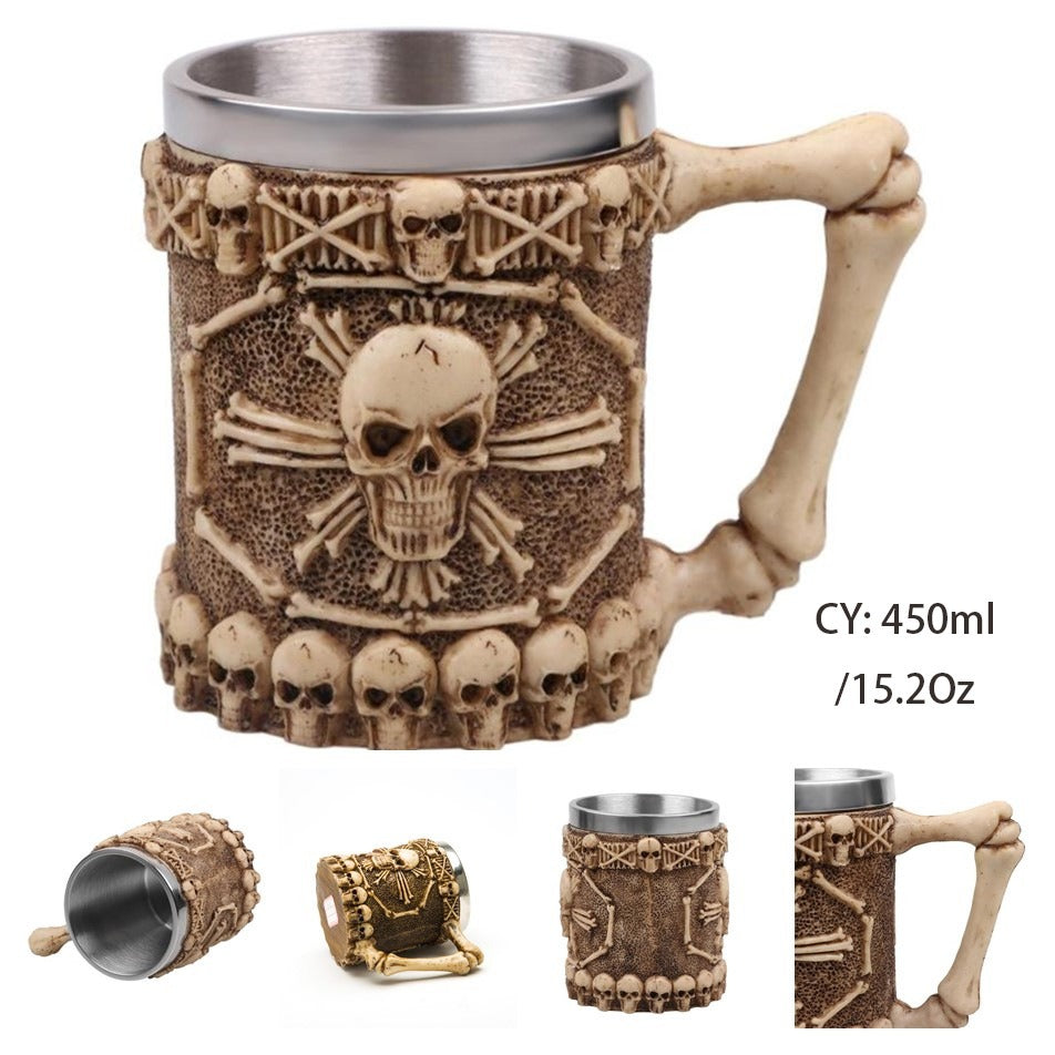 Vintage-style resin and stainless steel 450ml mug with skull and bones design, perfect for collectors and as a unique gift.