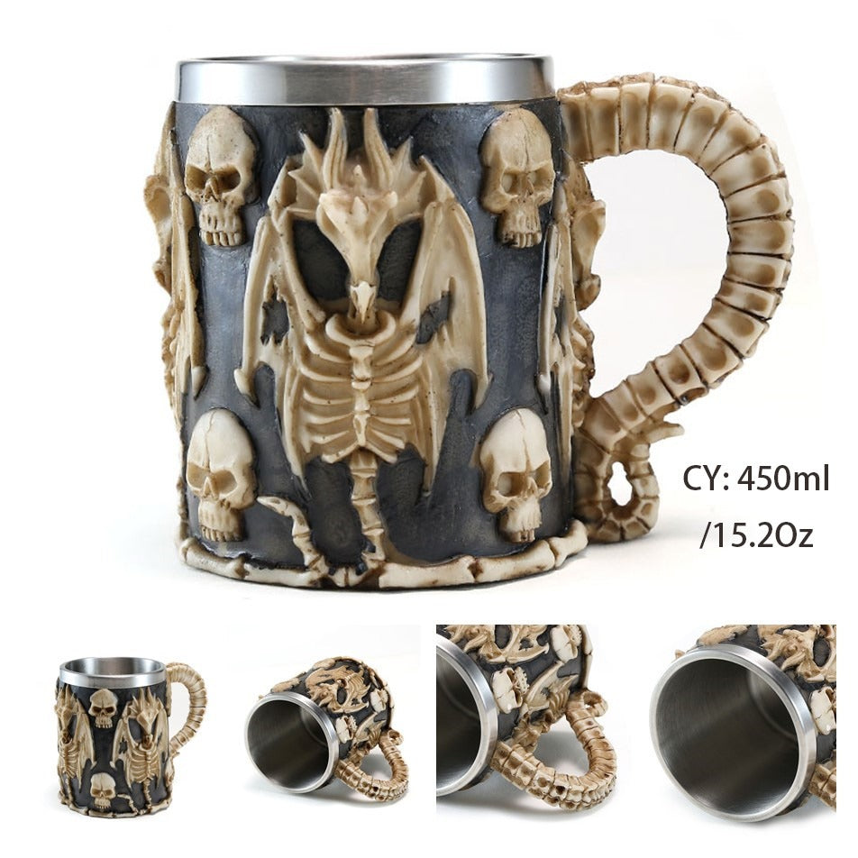 Resin and Stainless Steel Beer 450ml Mug / Retro Viking Pub Bar Mug with Skull Dragon - HARD'N'HEAVY