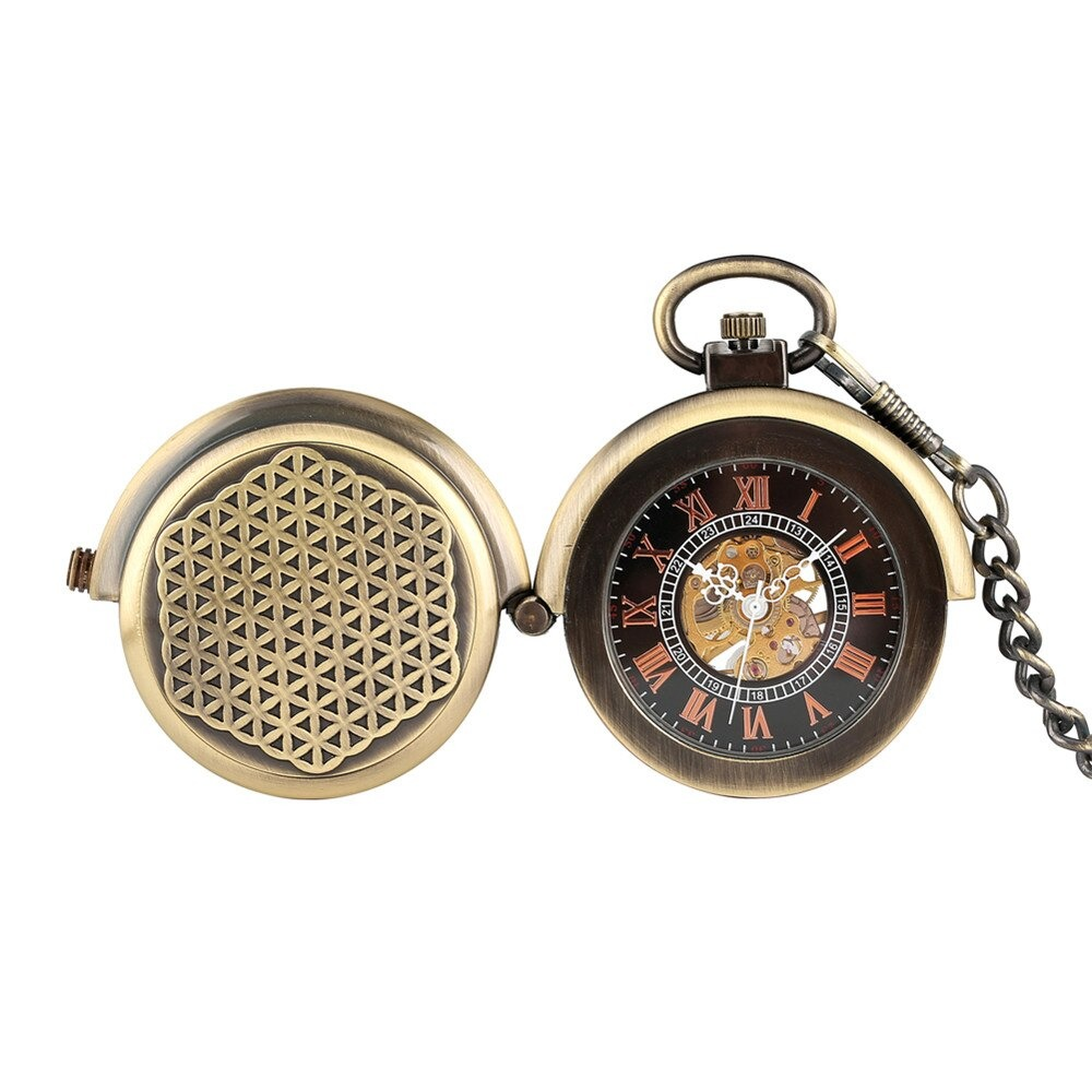 Retro bronze mechanical pocket watch with Roman numerals and vintage design, ideal unisex accessory.