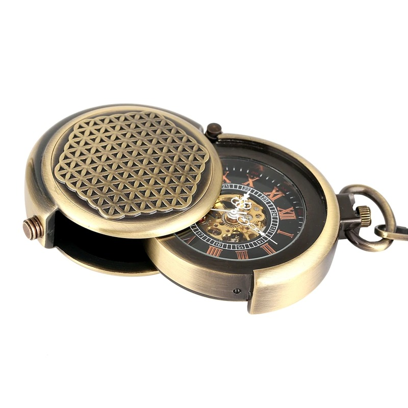 Retro bronze mechanical pocket watch with Roman numerals and vintage design, ideal unisex gift.