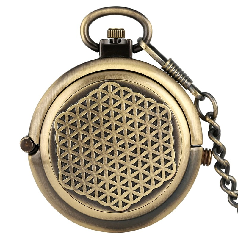 Vintage bronze mechanical pocket watch with intricate geometric design on the case, perfect unisex accessory.