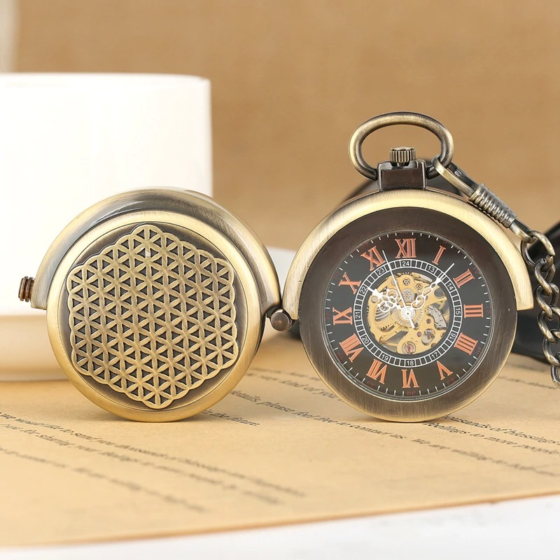 Retro bronze mechanical pocket watch with Roman numerals and vintage design, perfect unisex accessory or gift.