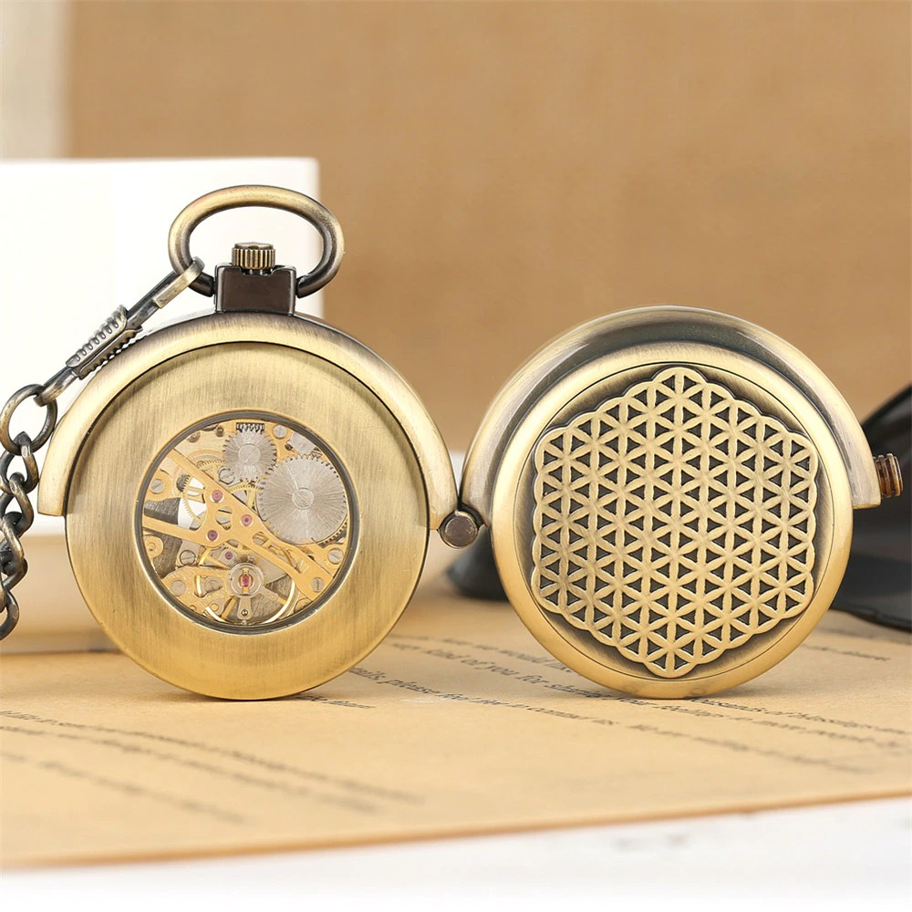 Vintage bronze mechanical pocket watch showcasing intricate gears and geometric design, unisex retro accessory.