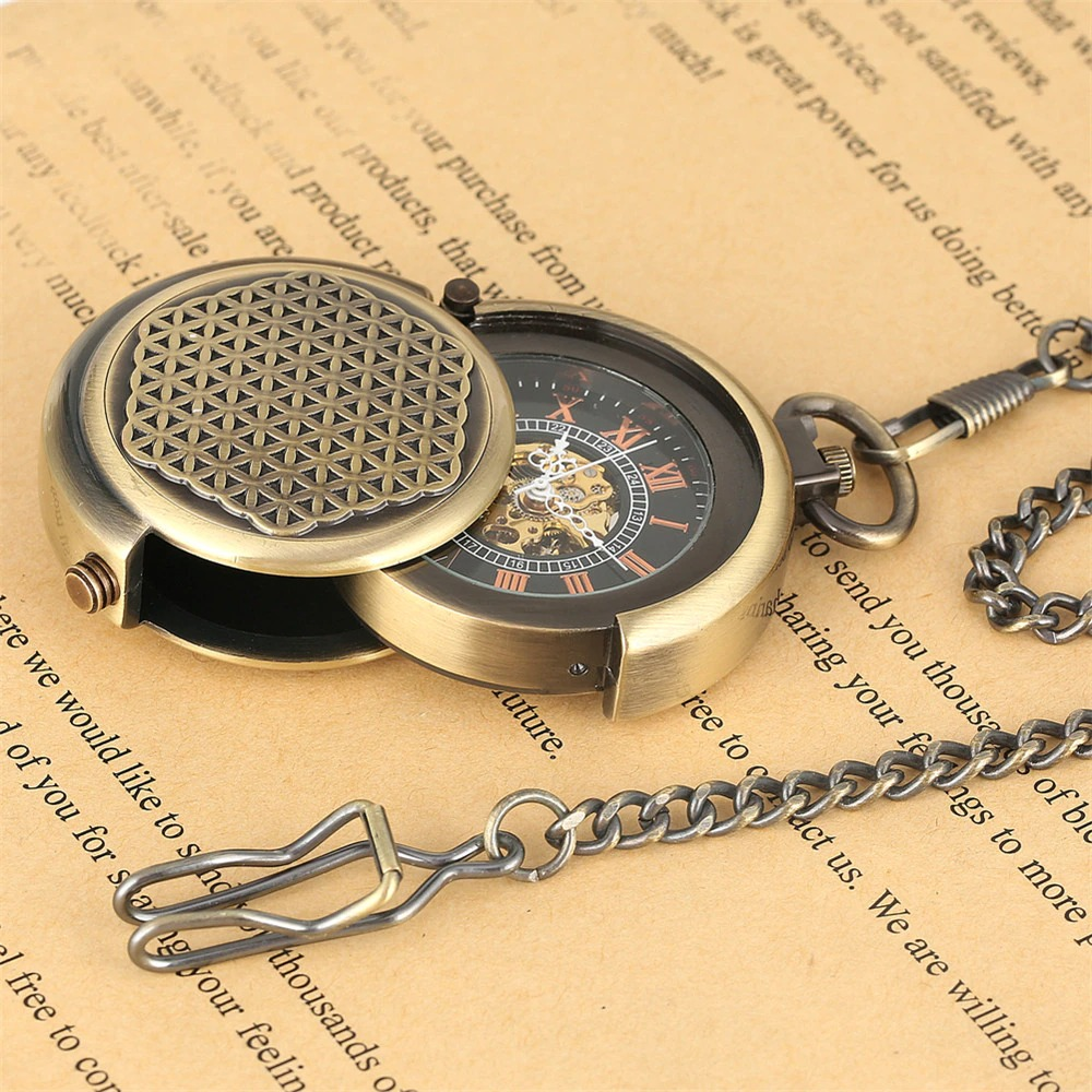 Retro bronze mechanical pocket watch with Roman numerals and decorative cover, perfect unisex vintage accessory.