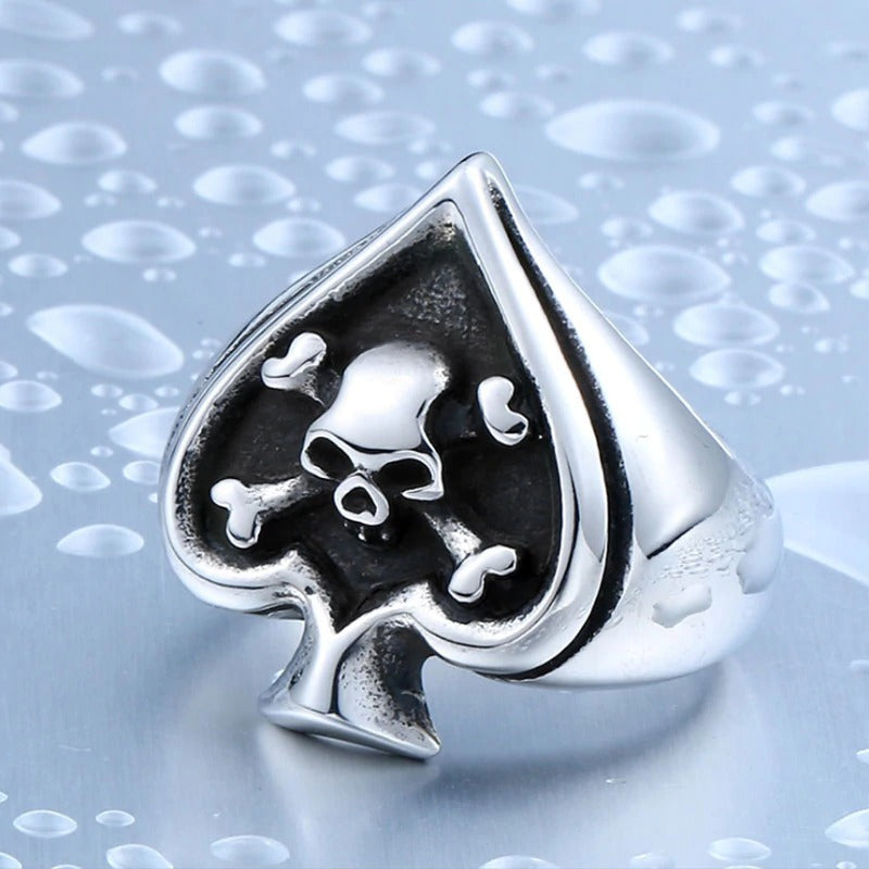 Stainless steel retro card cross skull ring, featuring a striking skull and crossbones design on a spade shape.