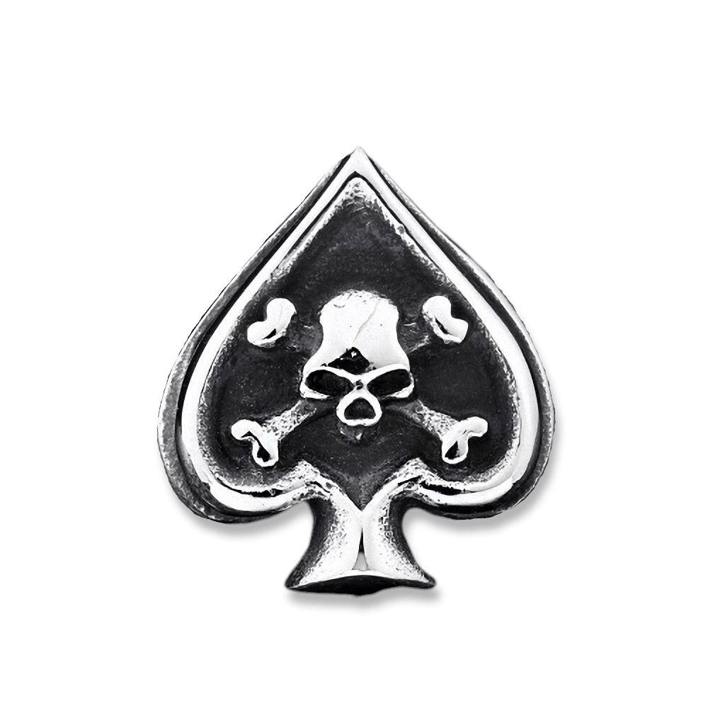 Retro skull and bone cross design on an spade symbol, perfect for rock-style jewelry enthusiasts.