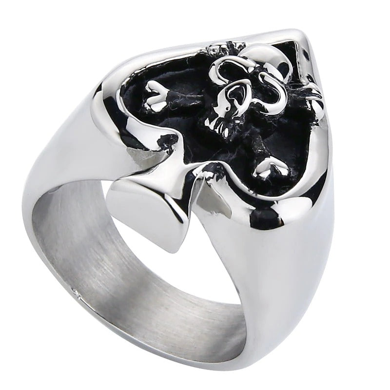 Retro Card Cross Skull Ring in stainless steel, featuring a skull design on a heart-shaped base for unisex rock style.