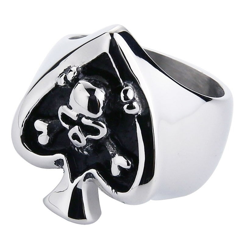 Retro card cross skull ring in shiny stainless steel, featuring an ace of spades design, perfect for rock style jewelry.
