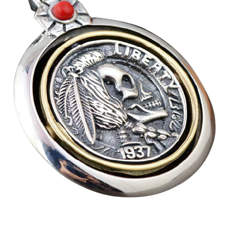 Retro double-sided skull head pendant with silver and gold accents for men in gothic rock style.