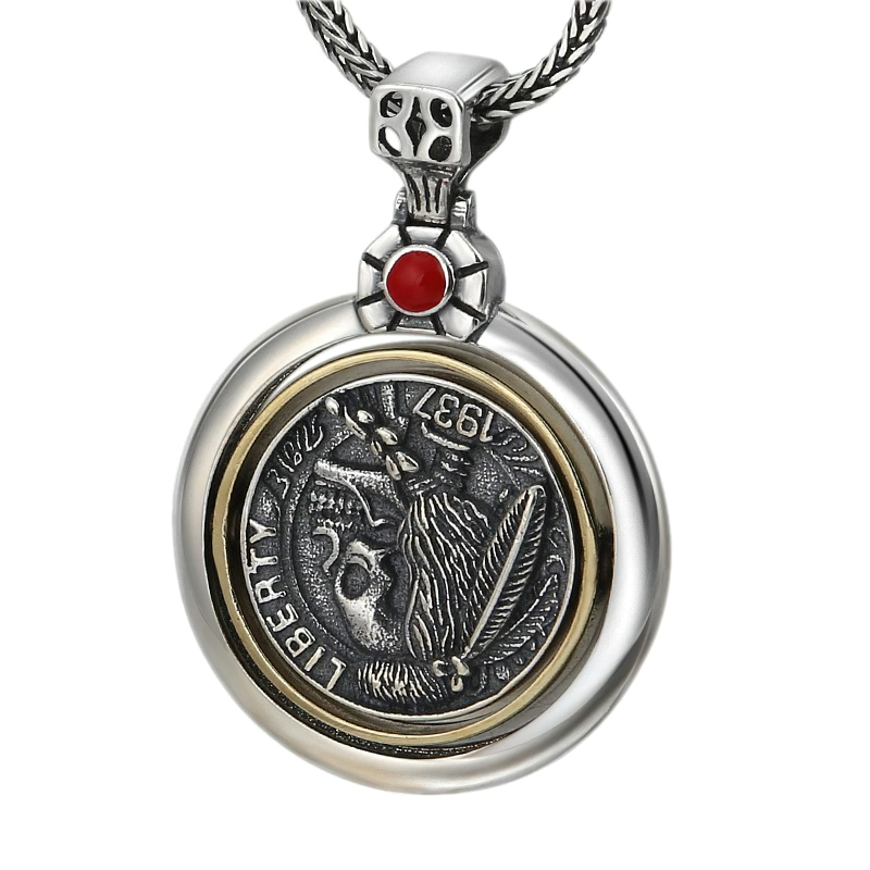 Retro copper double-sided pendant featuring skull head, stylish rock accessory for men, perfect unisex jewelry.