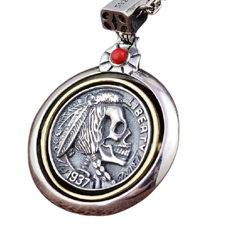 Retro copper double-sided pendant featuring a skull head design for men, stylish gothic accessory in rock fashion.