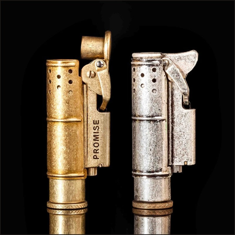 Retro gasoline flint lighters in gold and silver, showcasing vintage style and pure copper craftsmanship.