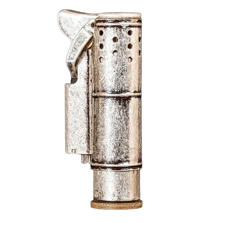 Retro gasoline flint lighter in silver, made of pure copper, showcasing vintage style and practical design for adventures.