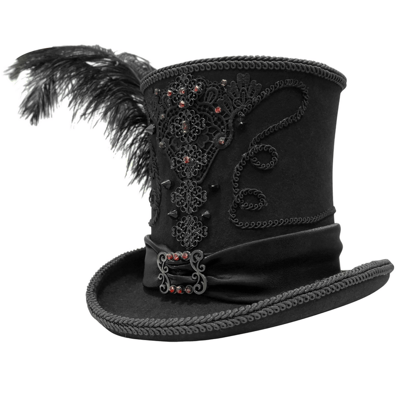 Retro Gothic Hat with Feather / Men's Rhinestone Lace Applique Hat / Vintage Cosplay Top Hat - HARD'N'HEAVY