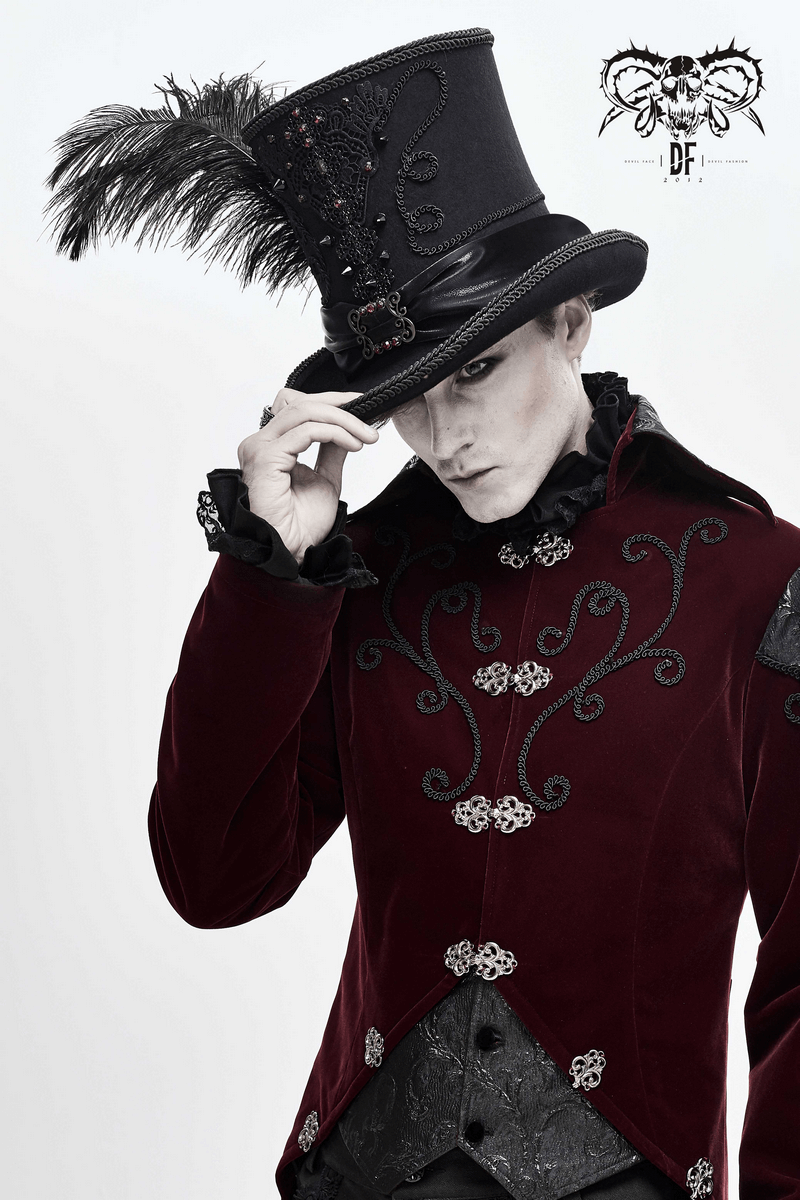 Stylish men's retro gothic top hat with feather, elegant vintage design, perfect for cosplay and sophisticated looks.