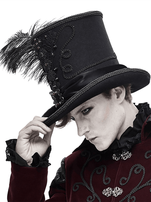 Retro-Gothic-Hut mit Feder / Herren-Hut mit Strass-Spitze-Applikation / Vintage-Cosplay-Zylinder
