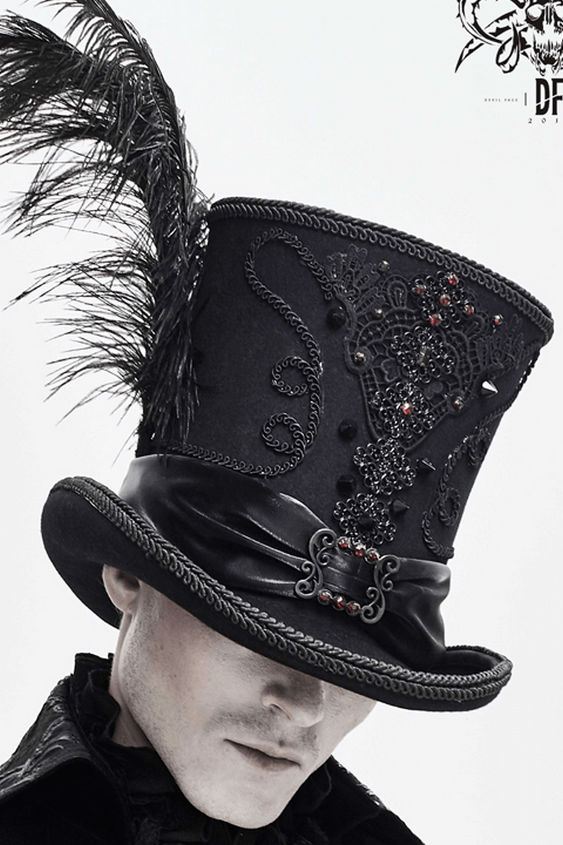 Men's vintage black gothic top hat with feather and rhinestone lace applique, perfect for cosplay or elegant outfits.