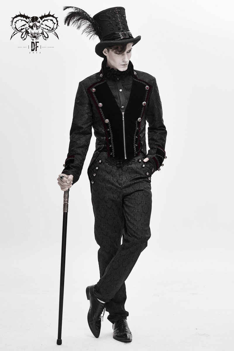 Stylish man wearing a vintage gothic black top hat with a feather, paired with an elegant outfit and cane.