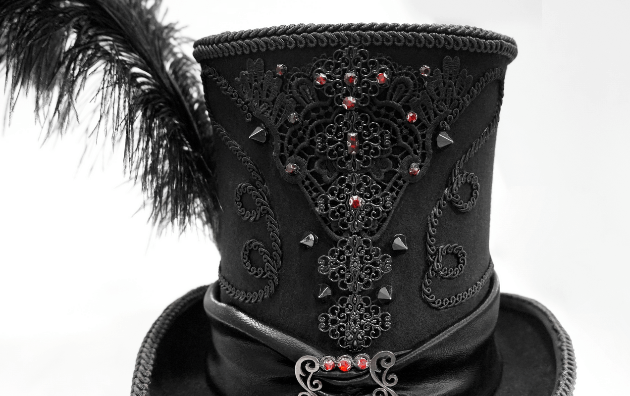 Elegant vintage black gothic hat with feather and rhinestones, perfect for cosplay or adding a retro touch to your wardrobe.