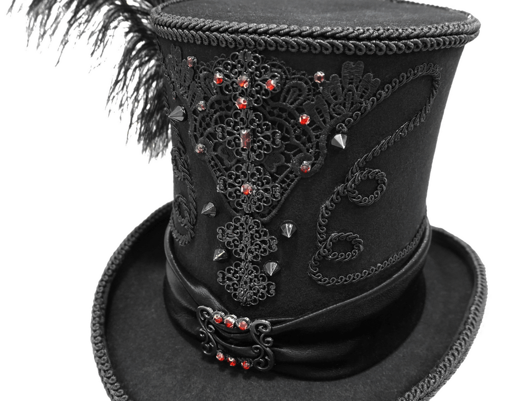 Close-up of a retro gothic black top hat with feather, lace accents, and rhinestones for stylish men's cosplay.