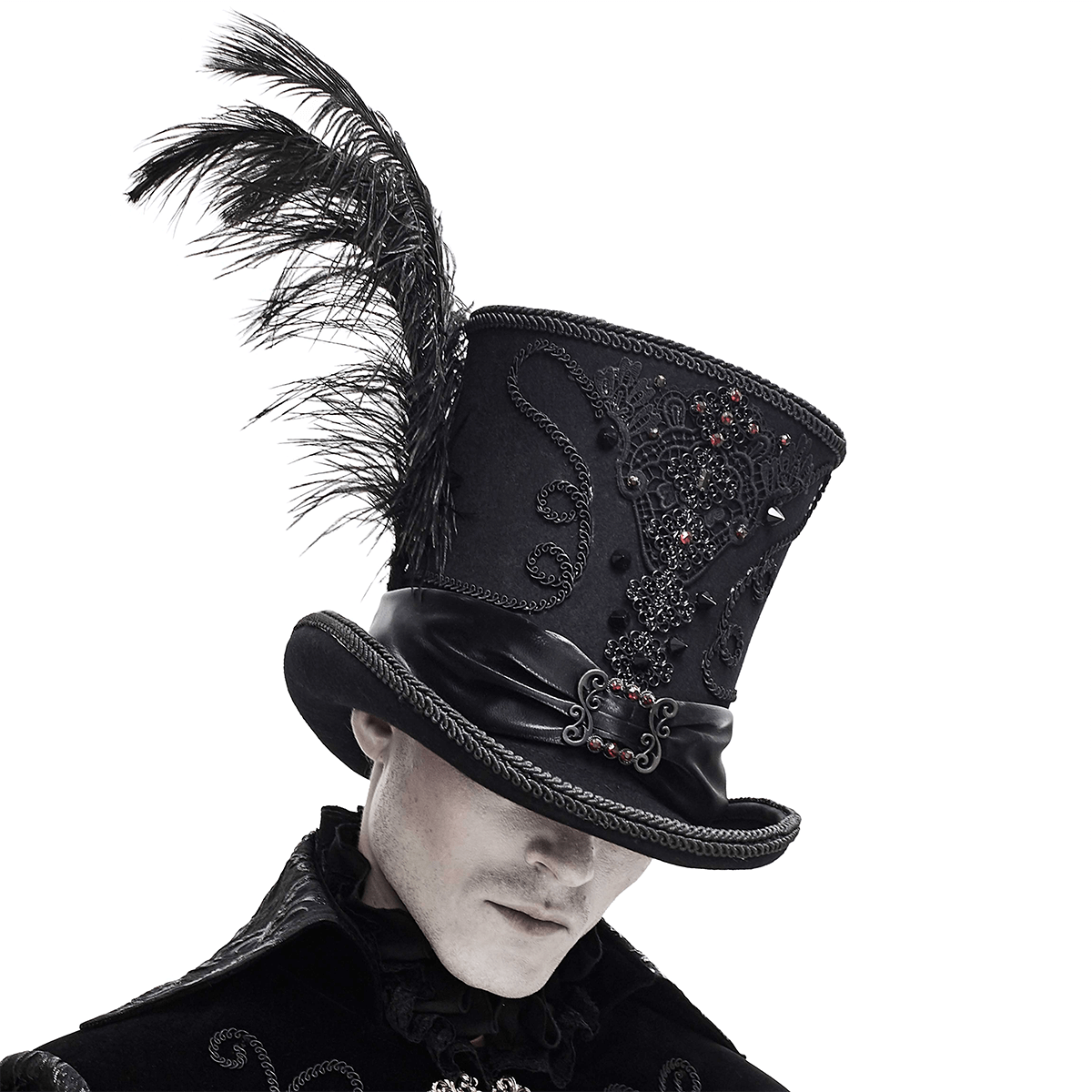 Retro Gothic Hat with Feather / Men's Rhinestone Lace Applique Hat / Vintage Cosplay Top Hat - HARD'N'HEAVY