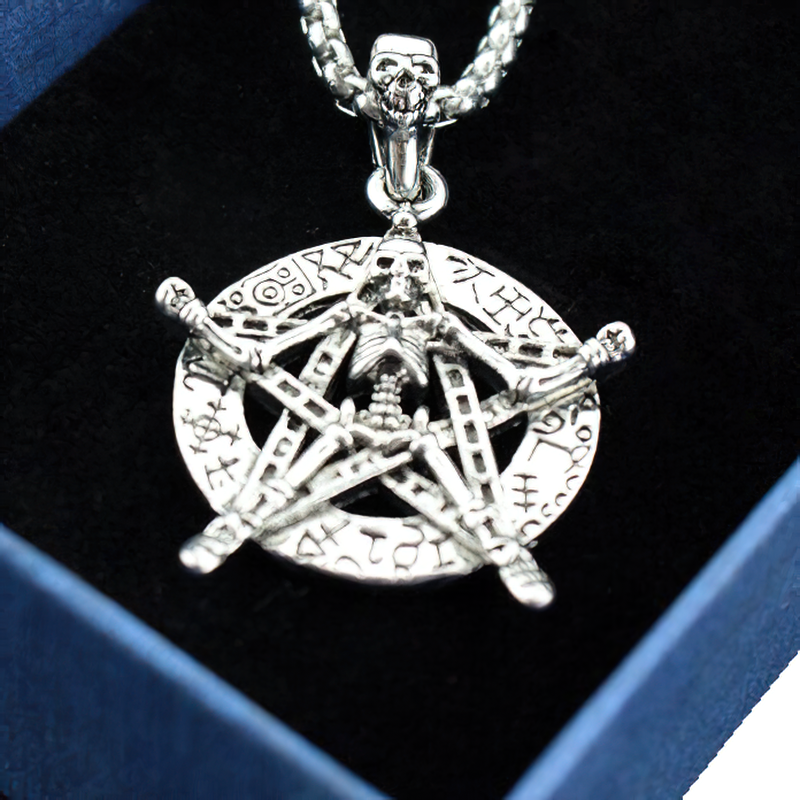 Unisex stainless steel pentagram pendant featuring a skeleton design, perfect for gothic and Wiccan jewelry enthusiasts.