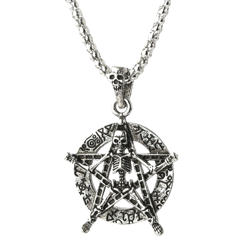 Stylish stainless steel pentagram pendant featuring a skeleton design, perfect for gothic and Wiccan jewelry lovers.