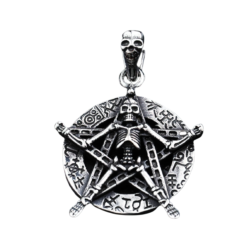 Stylish retro gothic pentagram pendant featuring a skeleton, perfect for Wiccan and Pagan jewelry enthusiasts.