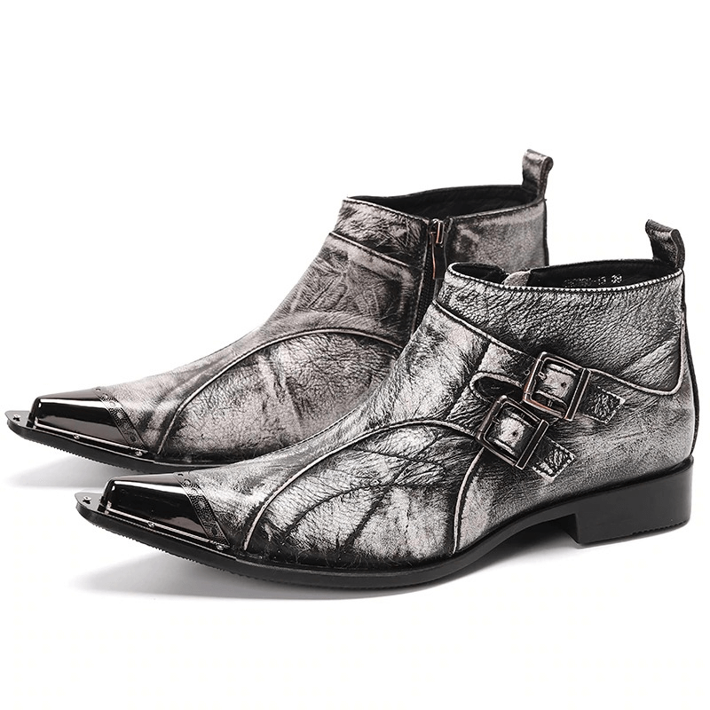 Stylish retro grey boots for men featuring double buckles and fashion metal toe, perfect for a trendy wardrobe.