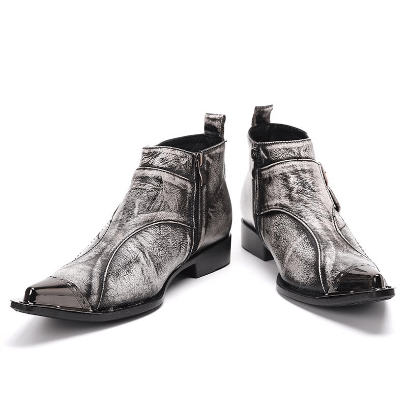 Retro men's grey leather boots with double buckles and fashion metal toe for a stylish look.