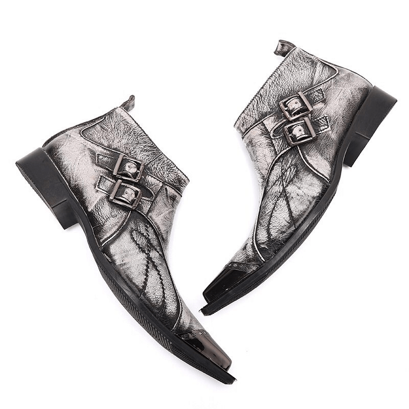 Stylish men's retro grey boots with double buckles and metal toe, perfect for a fashionable wardrobe.