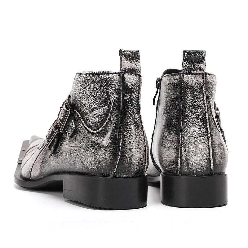Back view of stylish retro grey boots for men with double buckles and metal toe, ideal for a fashionable wardrobe.